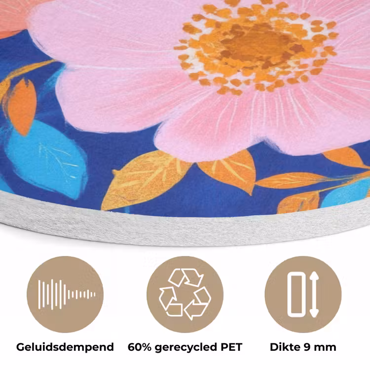Bloemen - Blauw - Roze Akoestische PET Vilt - Rond klein -closeup_NL