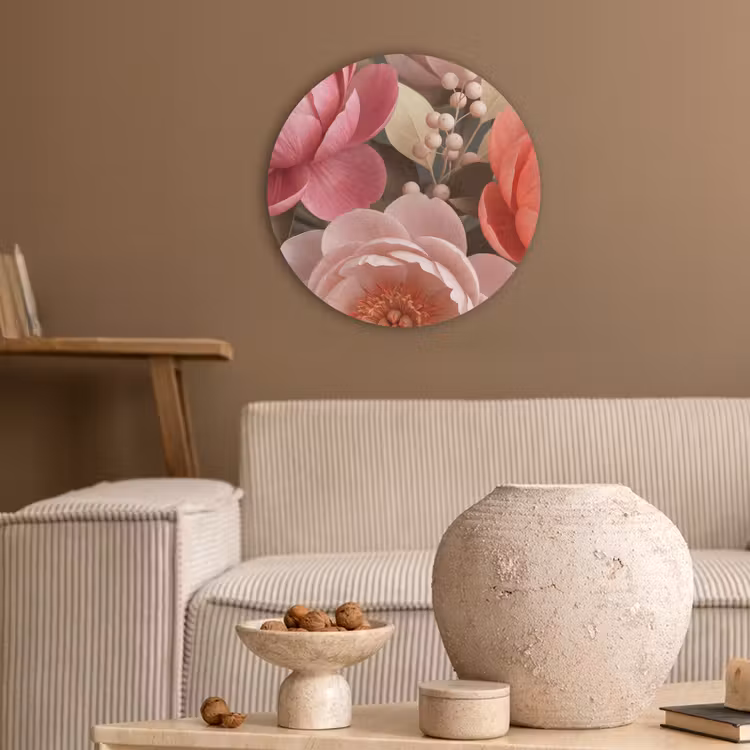 Bloemen - Bloesem - Zacht - Koraal - Decoratie Akoestische PET Vilt - Rond klein -sfeer1