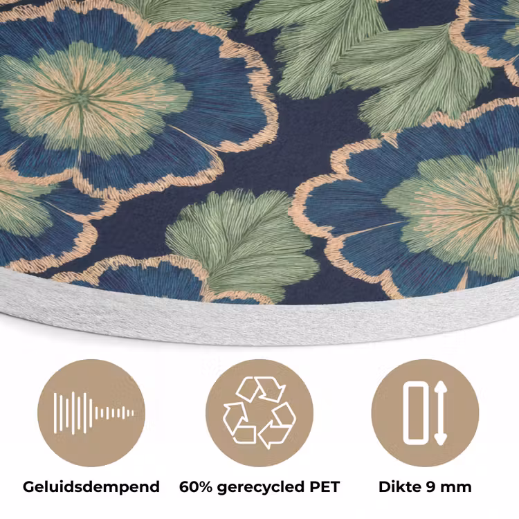 Bloemen - Borduurwerk - Patroon - Blauw - Groen Akoestische PET Vilt - Rond klein 838 -closeup_NL