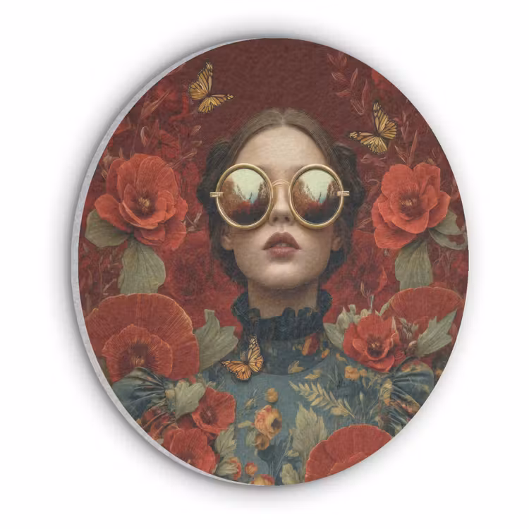 Bloemen - Dieprood - Zonnebril - Vrouw Akoestische PET Vilt - Rond klein -3d