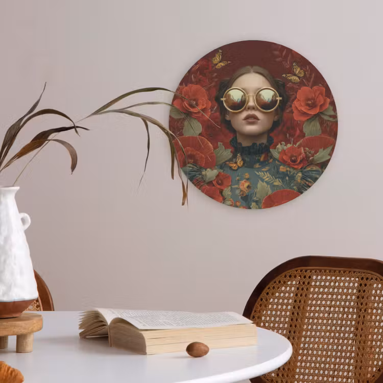 Bloemen - Dieprood - Zonnebril - Vrouw Akoestische PET Vilt - Rond klein -sfeer3