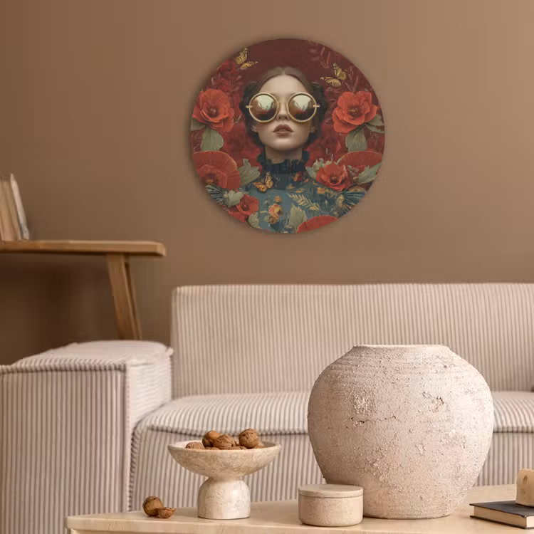 Bloemen - Dieprood - Zonnebril - Vrouw Akoestische PET Vilt - Rond klein -sfeer1