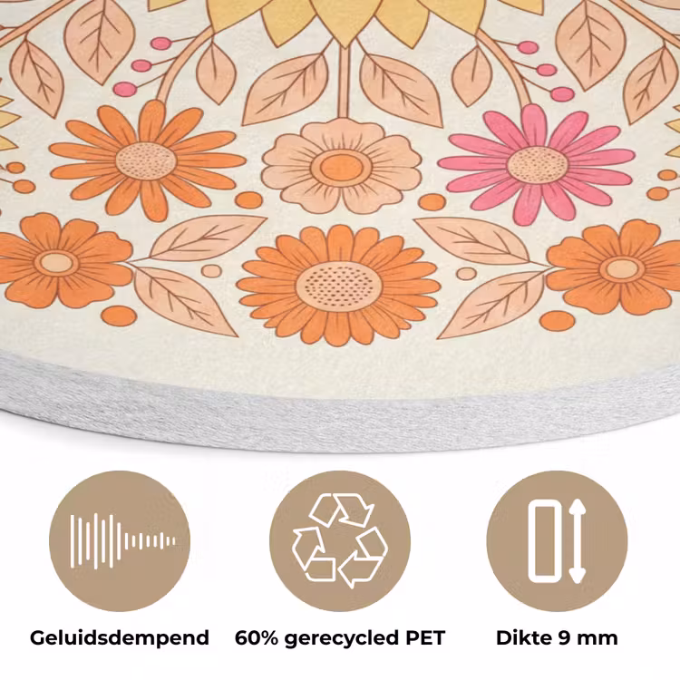 Bloemen - Mandala - Patroon - Kleurrijk Akoestische PET Vilt - Rond klein -closeup_NL