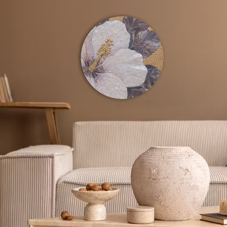 Bloemen - Mozaïek - Kunst - Modern - Goud Akoestische PET Vilt - Rond klein -sfeer1