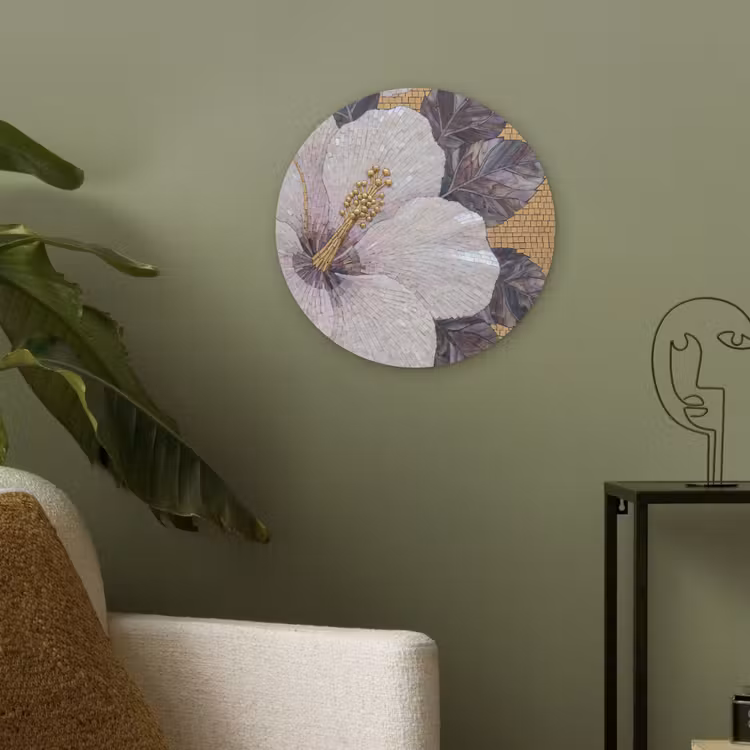 Bloemen - Mozaïek - Kunst - Modern - Goud Akoestische PET Vilt - Rond klein -sfeer2
