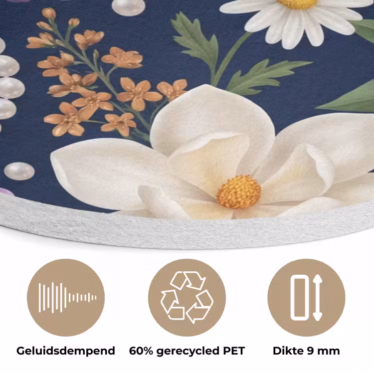 Bloemen - Parels - Decoratie - Modern - Blauw Akoestische PET Vilt - Rond klein -closeup_NL
