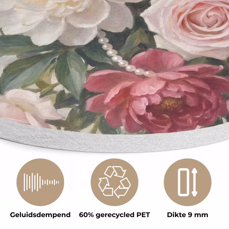 Bloemen - Parels - Romantiek - Klassiek - Roze Akoestische PET Vilt - Rond klein -closeup_NL