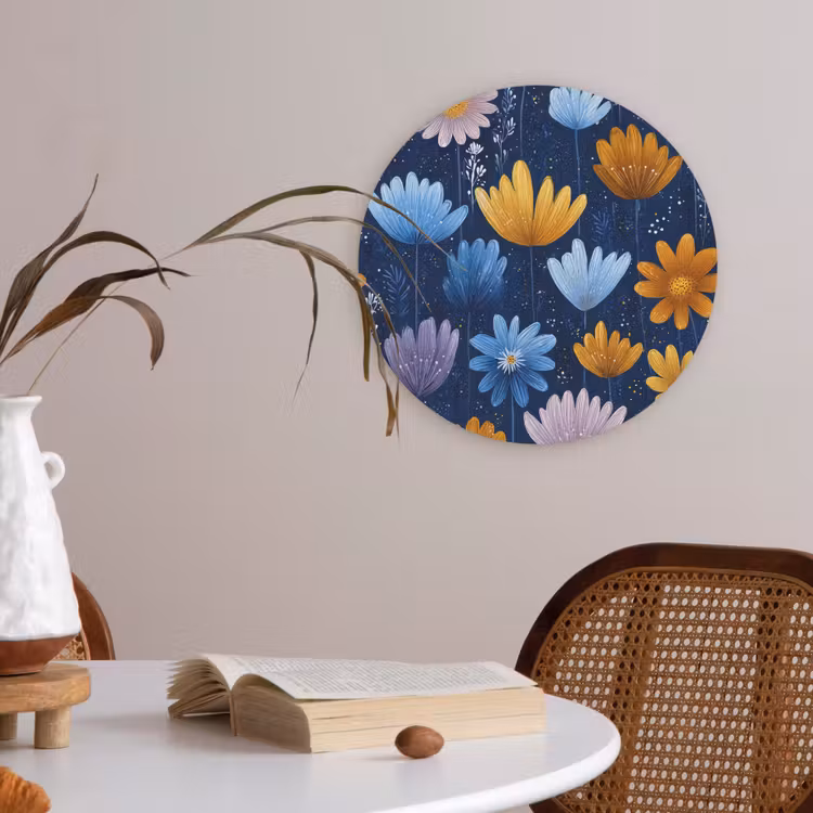 Bloemen - Patroon - Blauw - Contrast Akoestische PET Vilt - Rond klein -sfeer3