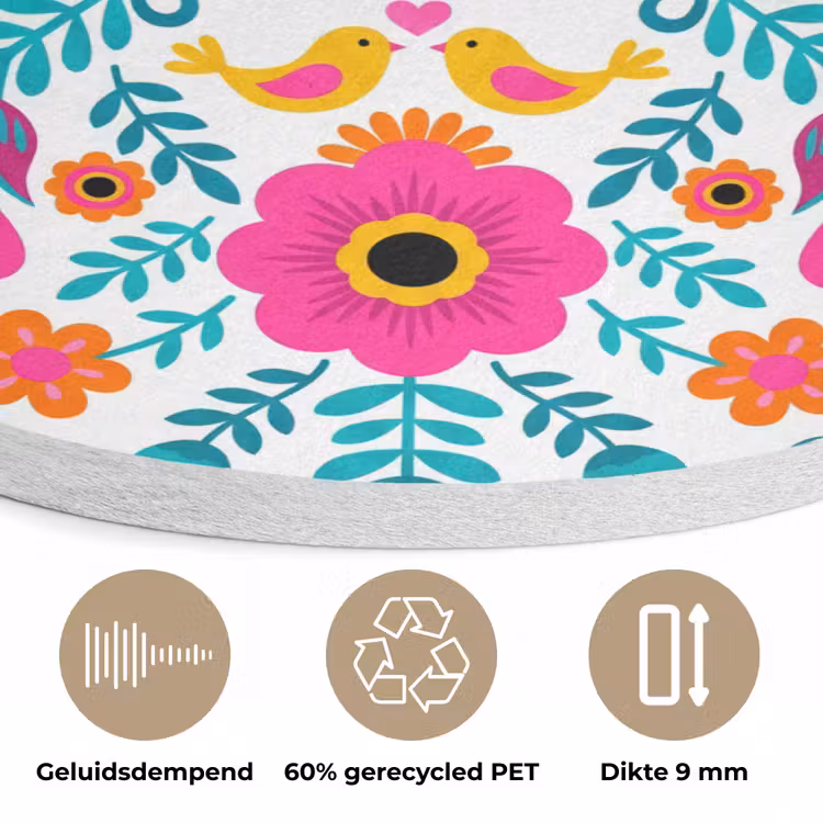 Bloemen - Vogel - Patroon - Kleurrijk - Modern Akoestische PET Vilt - Rond klein -closeup_NL