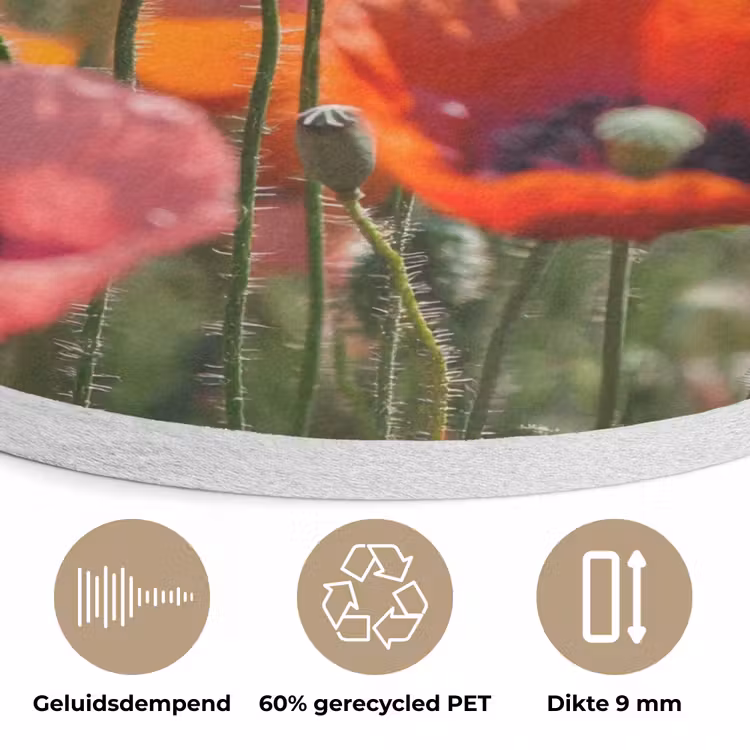 Bloemenveld - Klaprozen - Kleurrijk Akoestische PET Vilt - Rond klein -closeup_NL