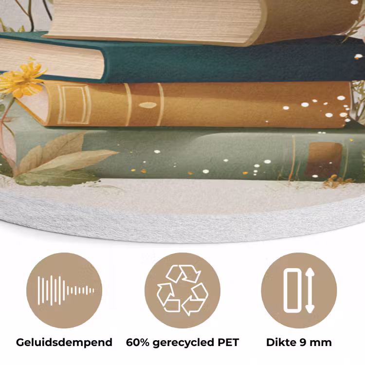 Boeken - Stapel - Bloemen - Kleurrijk Akoestische PET Vilt - Rond klein -closeup_NL