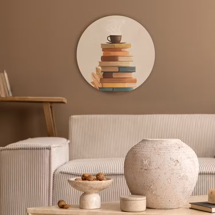 Boeken - Toren - Koffie - Beige Akoestische PET Vilt - Rond klein -sfeer1