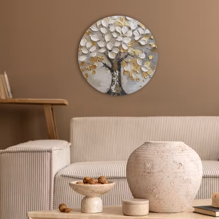 Boom - Beige - Grijs - Goud - Abstract Akoestische PET Vilt - Rond klein -sfeer1
