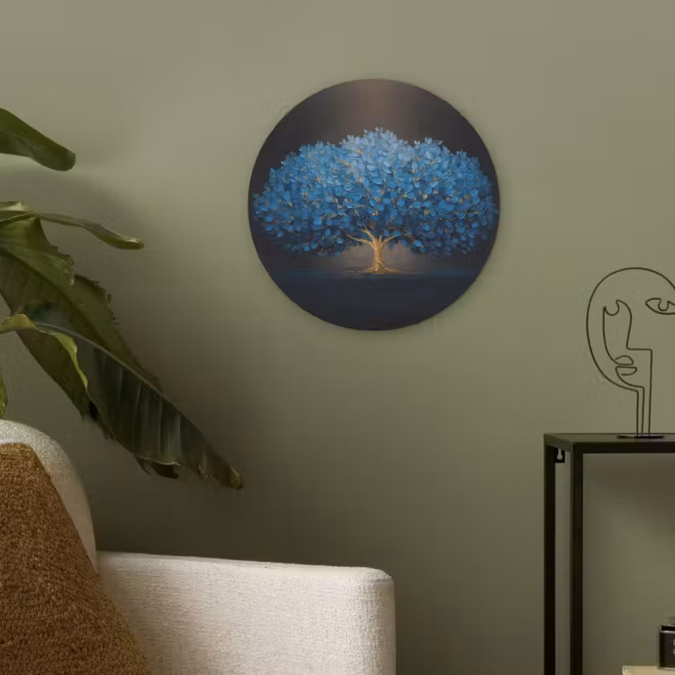Boom - Blauw - Bladeren - Penseelstreken Akoestische PET Vilt - Rond klein -sfeer2