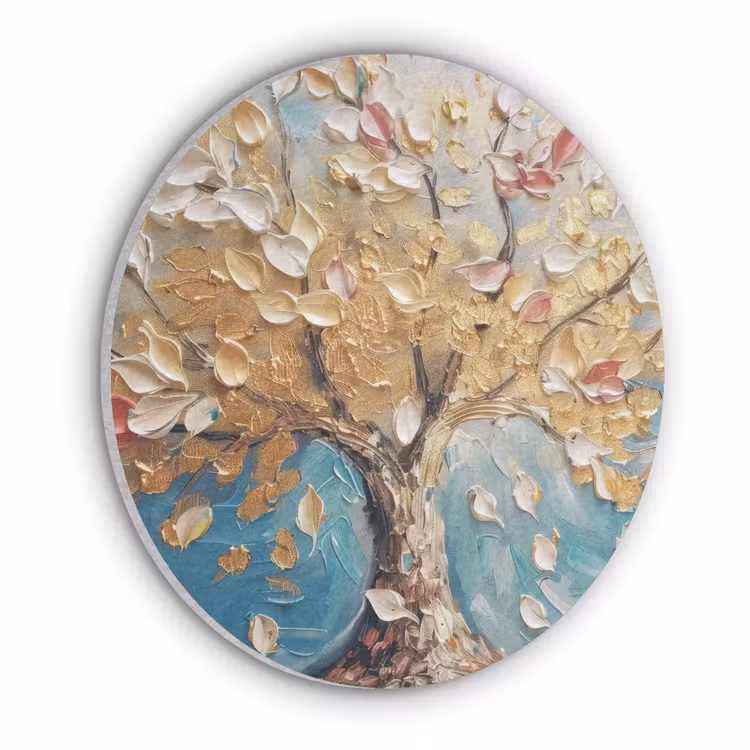Boom - Blauw - Goud - Abstract - Modern Akoestische PET Vilt - Rond klein -3d