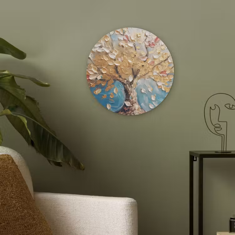 Boom - Blauw - Goud - Abstract - Modern Akoestische PET Vilt - Rond klein -sfeer2