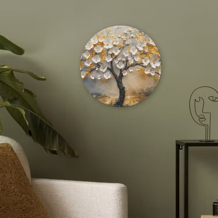 Boom - Bloemen - Goud - Beige Akoestische PET Vilt - Rond klein -sfeer2