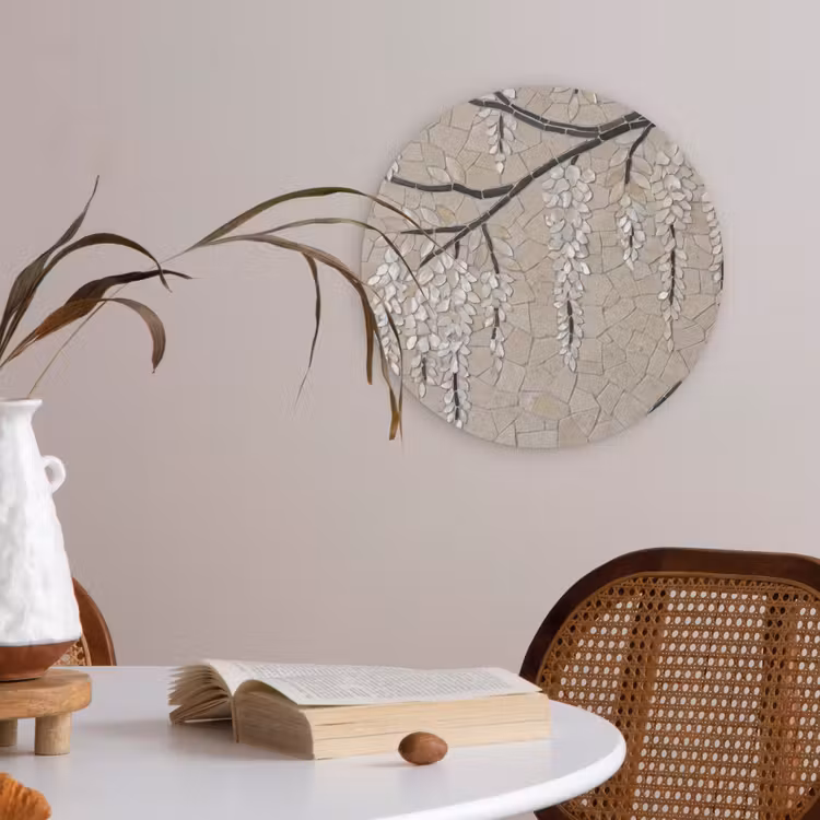 Boom - Bloemen - Mozaïek - Kunst - Wit Akoestische PET Vilt - Rond klein -sfeer3