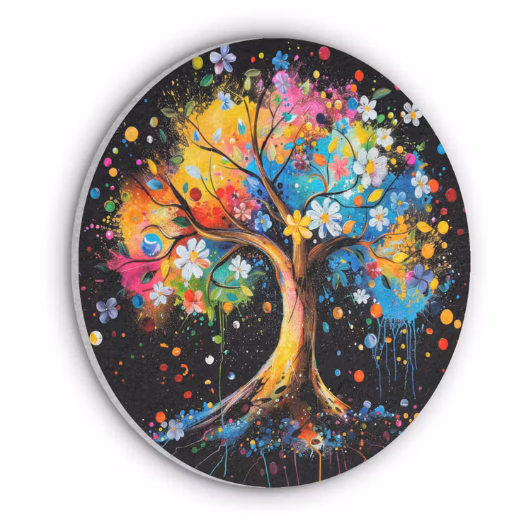Boom - Kleurrijk - Bloemen - Zwart Akoestische PET Vilt - Rond klein -3d