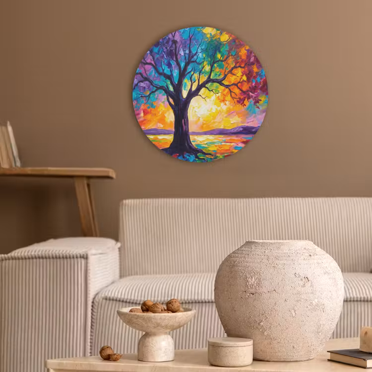 Boom - Landschap - Natuur - Abstract - Kleurrijk Akoestische PET Vilt - Rond klein -sfeer1