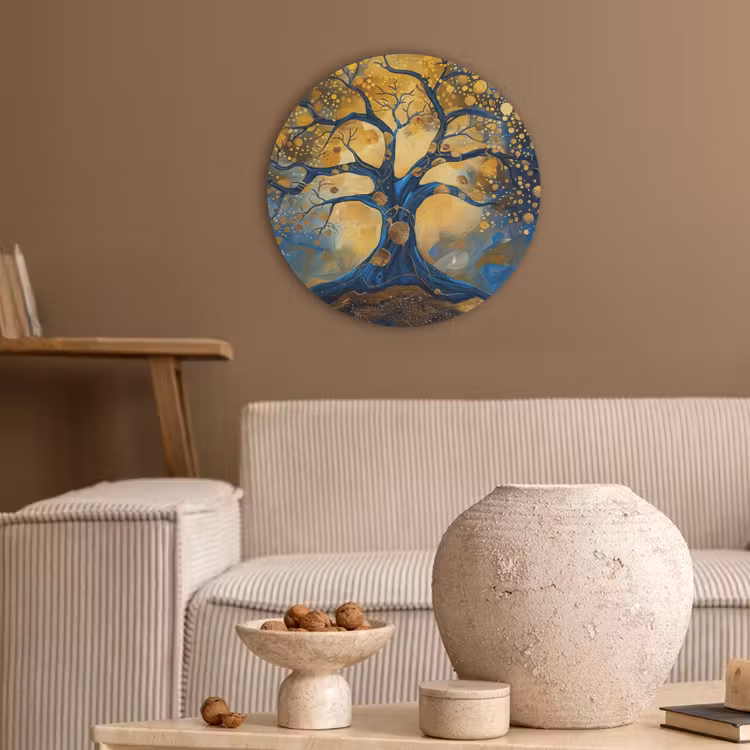 Boom - Levensboom - Blauw - Goud Akoestische PET Vilt - Rond klein -sfeer1