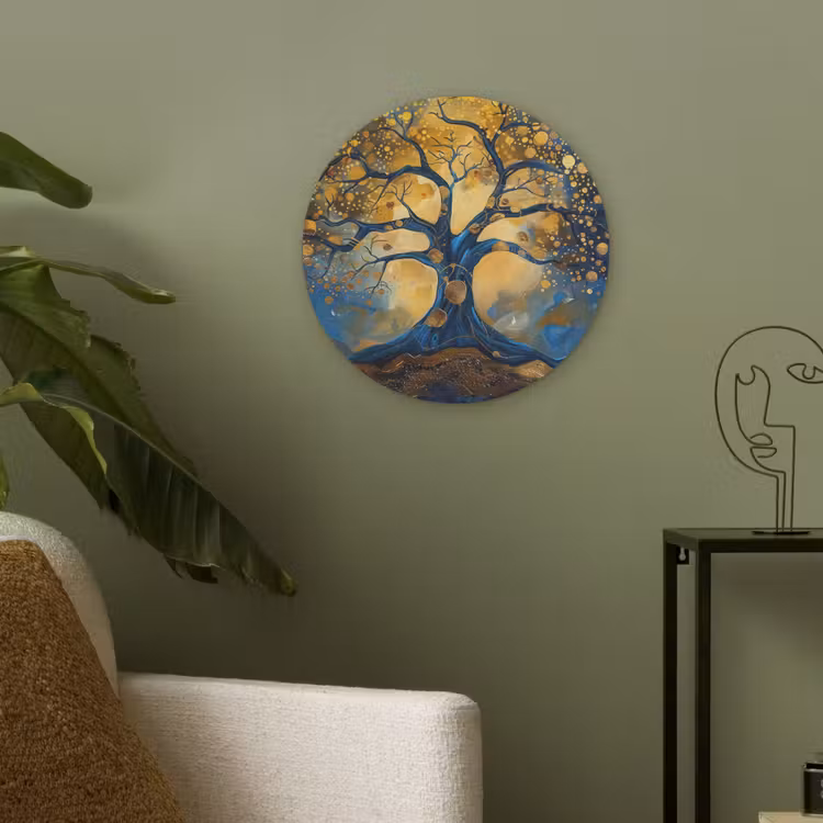 Boom - Levensboom - Blauw - Goud Akoestische PET Vilt - Rond klein -sfeer2