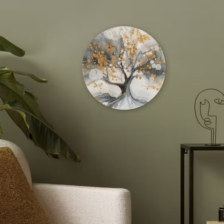 Boom - Modern - Abstract - Goud - Zwart - Wit Akoestische PET Vilt - Rond klein -sfeer2