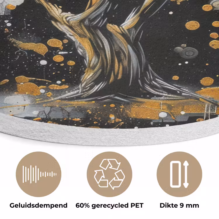 Boom - Zwart - Goud - Wit - Modern Akoestische PET Vilt - Rond klein -closeup_NL