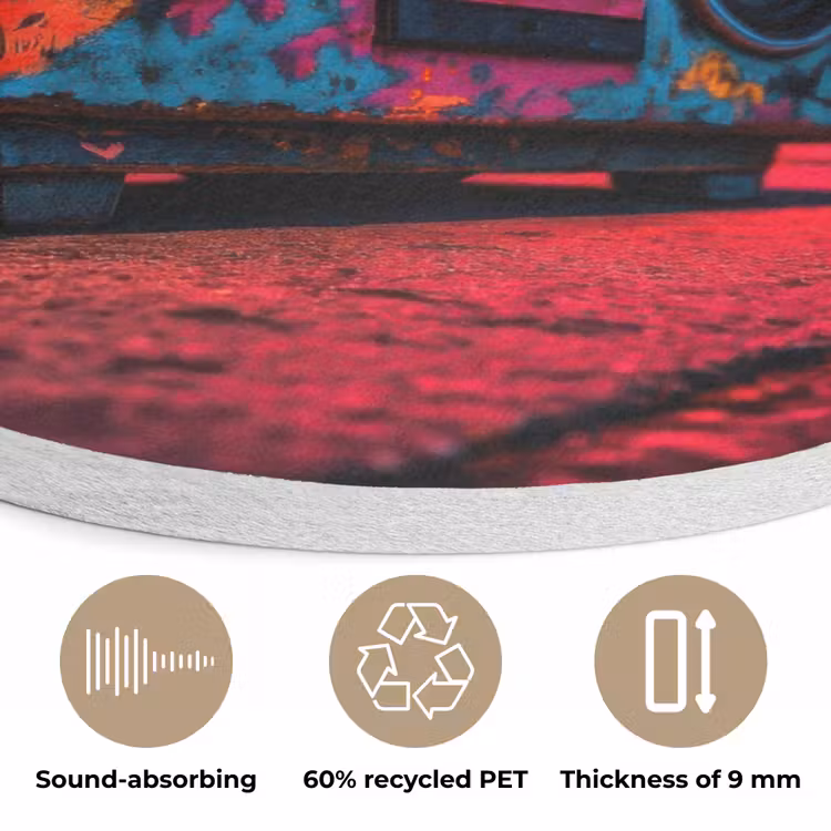 Boombox - Rood - Graffiti - Neon Akoestische PET Vilt - Rond klein -closeup_NL