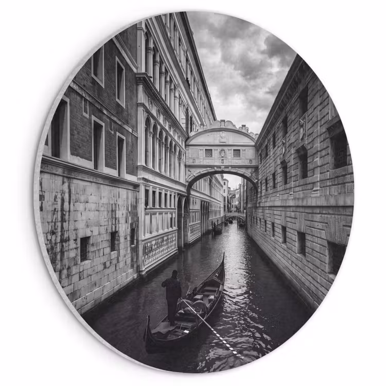 Boot - Waterweg - Stad - Zwart-wit - Architectuur Akoestische PET Vilt - Rond klein -3d