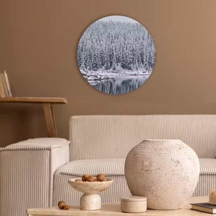 Bos - Reflectie - Meer - Winter - Serene Akoestische PET Vilt - Rond klein -sfeer1