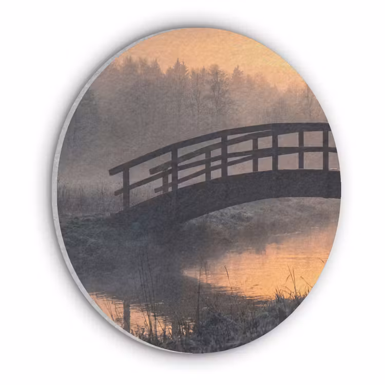 Brug - Mist - Bomen - Water Akoestische PET Vilt - Rond klein -3d