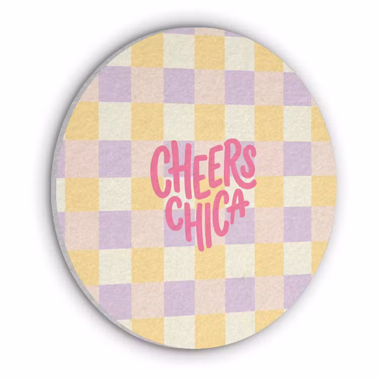 Cheers Chica - Ruitjes - Lila - Geel Akoestische PET Vilt - Rond klein -3d
