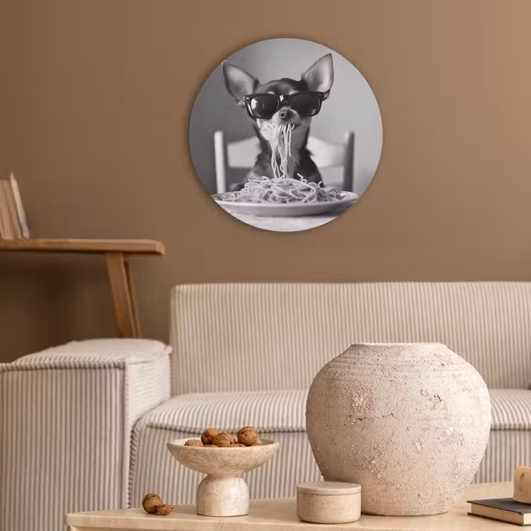 Chihuahua - Hond - Zonnebril - Humoristisch - Zwart - Wit - Spaghetti Akoestische PET Vilt - Rond klein -sfeer1