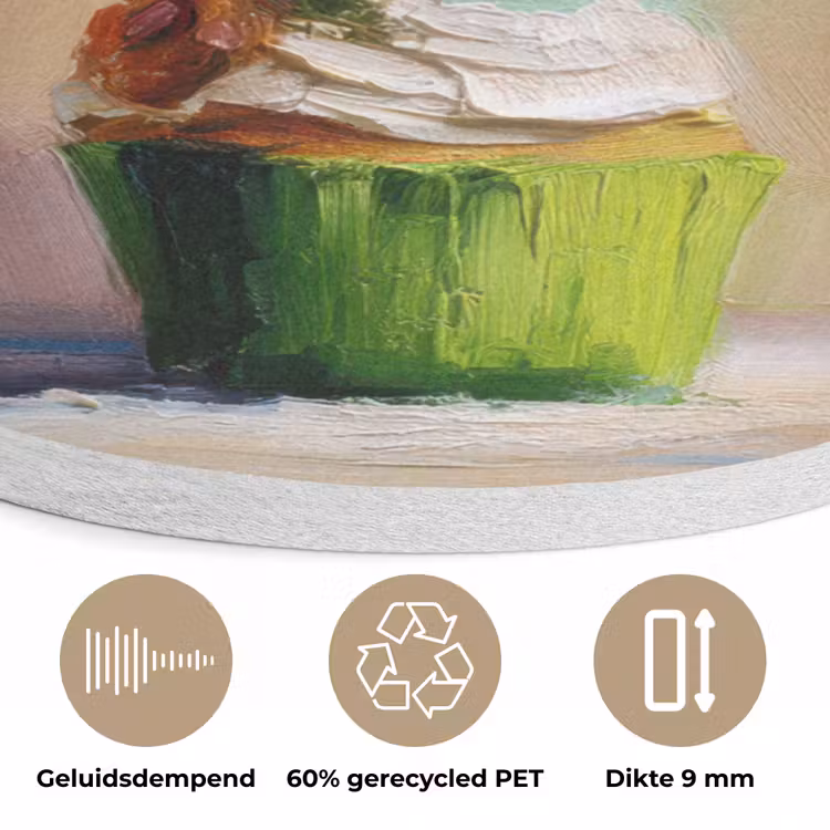 Cupcakes - Gestapeld - Kleurrijk - Fruit Akoestische PET Vilt - Rond klein -closeup_NL