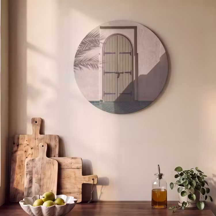 Deur - Hout - Architectuur - Groen - Rustiek Akoestische PET Vilt - Rond klein -sfeer2