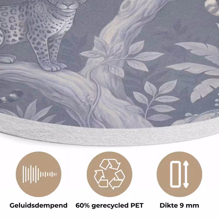 Dieren - Jungle - Illustratie - Bomen - Blauw Akoestische PET Vilt - Rond klein -closeup_NL