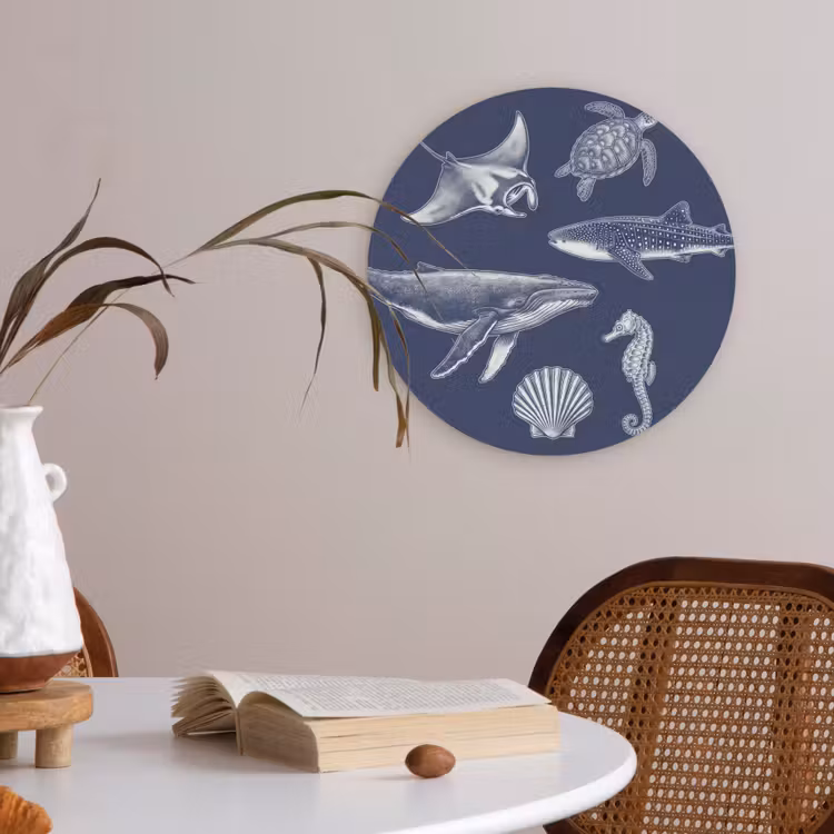 Dieren - Zeeleven - Oceaan - Graveren - Blauw Akoestische PET Vilt - Rond klein -sfeer3