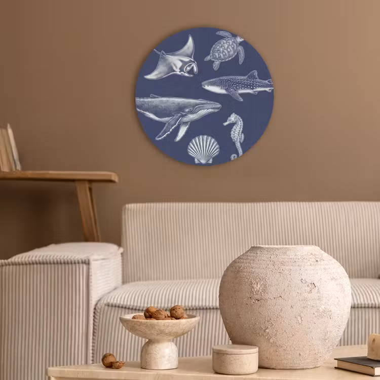 Dieren - Zeeleven - Oceaan - Graveren - Blauw Akoestische PET Vilt - Rond klein -sfeer1