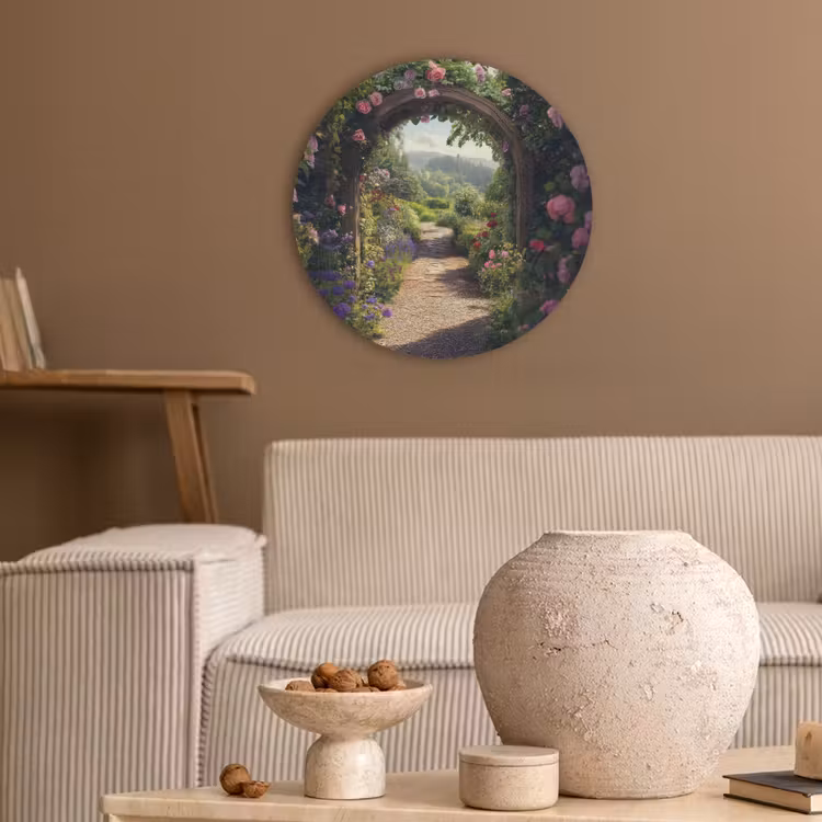 Doorkijk - Landschap - Bloemen - Rozenboog - Natuur Akoestische PET Vilt - Rond klein -sfeer1