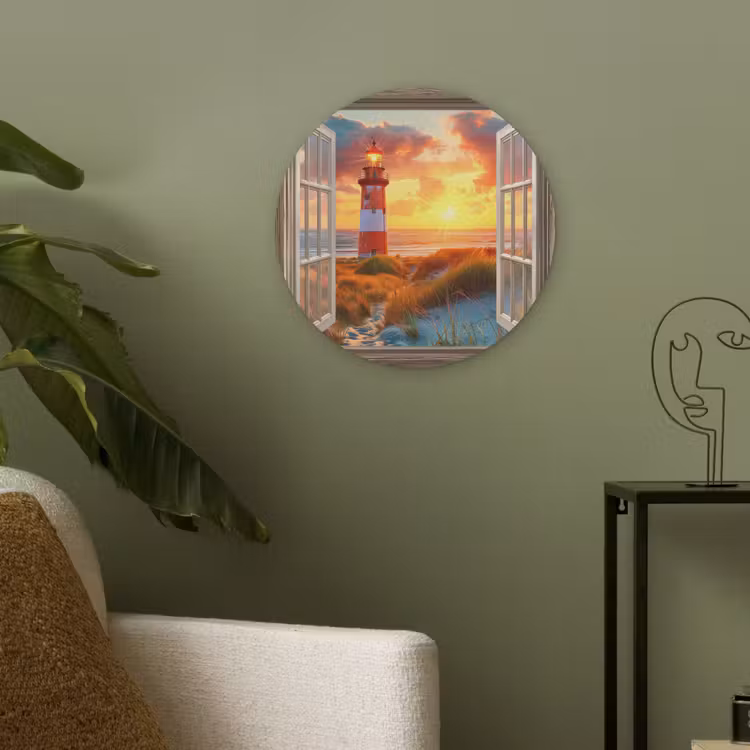 Doorkijk - Raam - Vuurtoren - Zonsondergang - Strand Akoestische PET Vilt - Rond klein -sfeer2