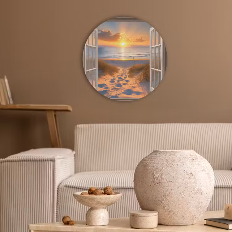 Doorkijk - Strand - Duinen - Zonsondergang Akoestische PET Vilt - Rond klein -sfeer1
