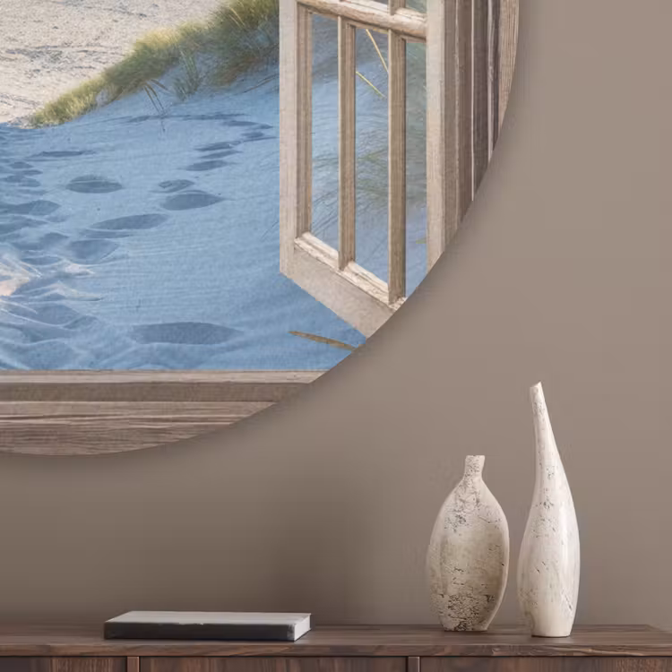 Doorkijk - Strand - Raam - Duinen - Zee Akoestische PET Vilt - Rond klein -sfeer5_closeup