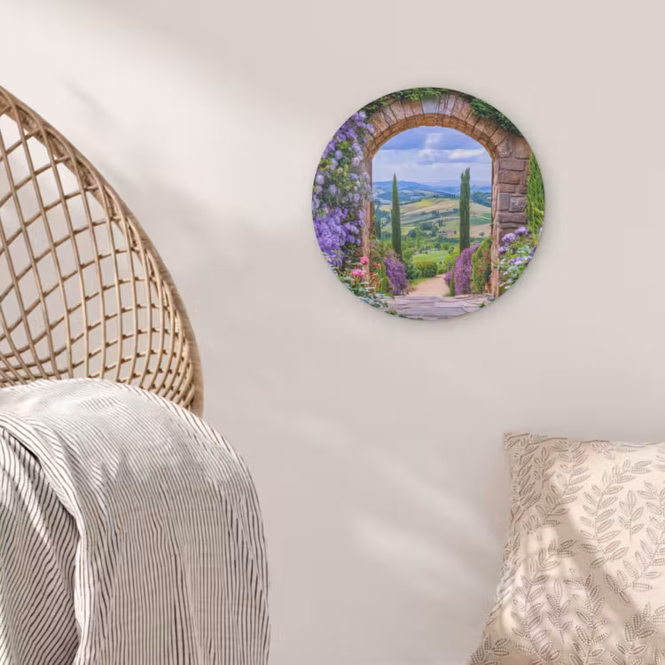 Doorkijk - Toscane - Landschap - Poort Akoestische PET Vilt - Rond klein -sfeer4