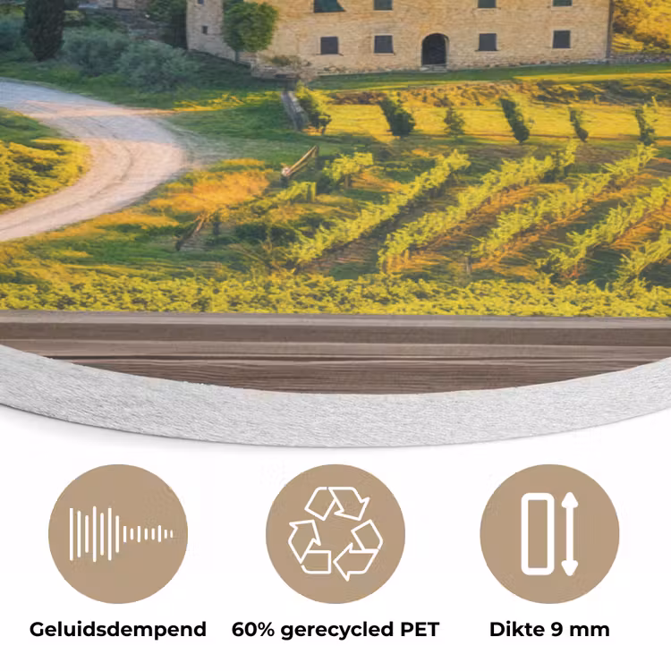 Doorkijk - Toscane - Uitzicht - Landschap - Zomer Akoestische PET Vilt - Rond klein -closeup_NL