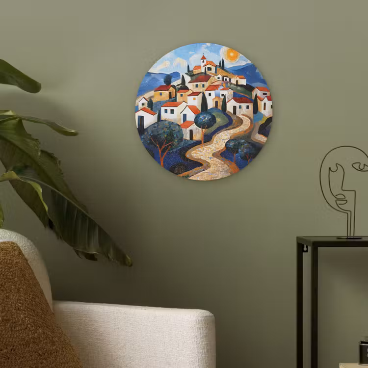 Dorp - Heuvelachtig - Zon - Mozaïek Akoestische PET Vilt - Rond klein -sfeer2