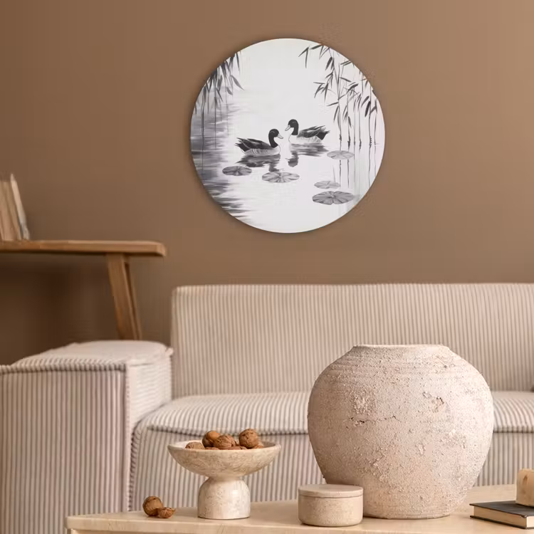 Eenden - Waterlelies - Riet - Zwart Akoestische PET Vilt - Rond klein -sfeer1