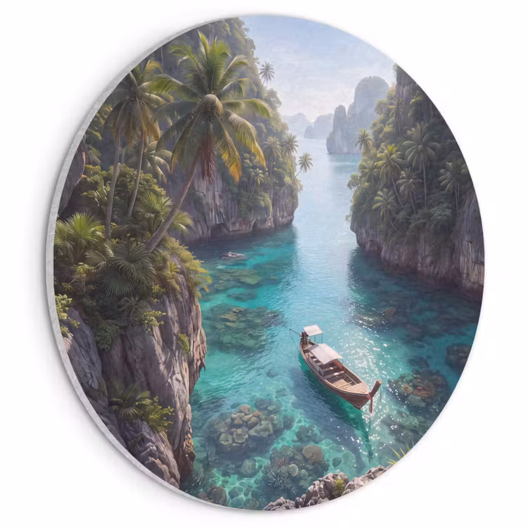 Eiland - Tropisch - Water - Palmbomen - Natuur Akoestische PET Vilt - Rond klein -3d