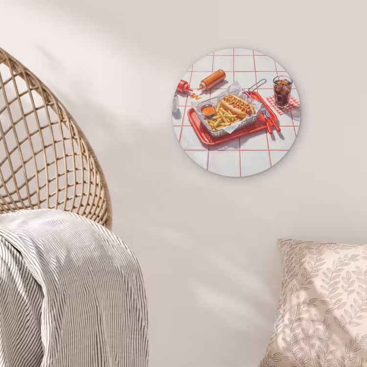 Eten - Hotdog - Fastfood - Modern - Rood Akoestische PET Vilt - Rond klein -sfeer4