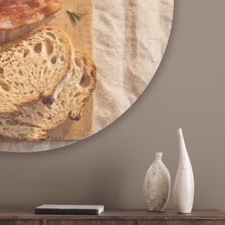 Eten - Ontbijt - Hout - Rustiek - Geel Akoestische PET Vilt - Rond klein -sfeer5_closeup
